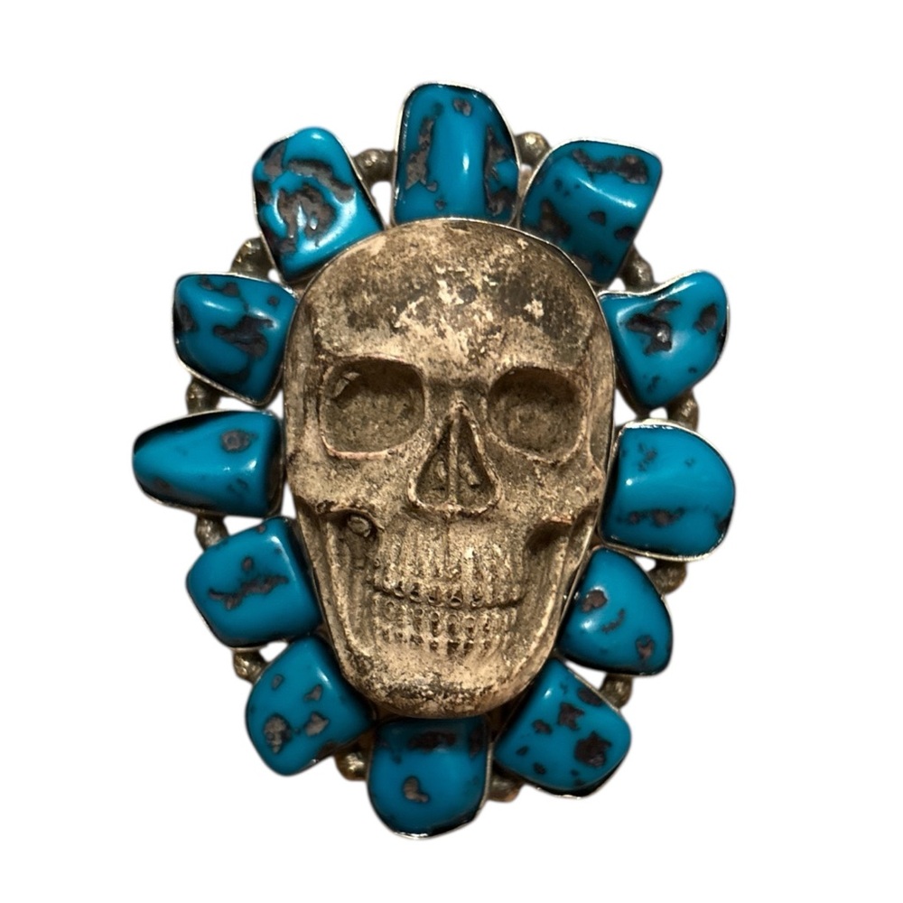 Silver, Turquoise & Resin Skull Statement Ring Xxl - Picture 3 of 7